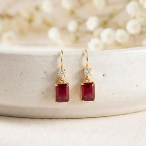Natural <b>Red</b> Ruby Rectangle Faceted Dangle <b>Earrings</b> with CZ Accent in 925 Sterling Silver or 18K Gold Filled Minimalist Gemstone - Product Image 4