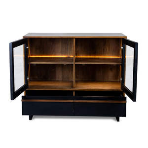 Armoire de rangement Oxberg en bois noir et naturel avec portes vitrées, tiroirs et éclairage intérieur LED - Product Image 1