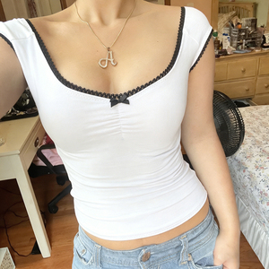 Sweet Cool Girl Bow Tank <b>Top</b> Ruffle Trim Color Block V Neck Sleeveless Fashion <b>Top</b> Women - Product Image 6
