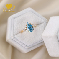 Bague en diamant de laboratoire IGI certifié, taille poire, bleu fantaisie, 2 carats, en or jaune 14K, solitaire goutte d'eau avec pierres latérales en grappe