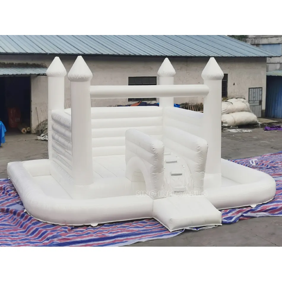 8x5.5m kids fun wedding all white jumping castle con ball pit N slide certificato da EN14960 per il produttore di castelli gonfiabili in cina