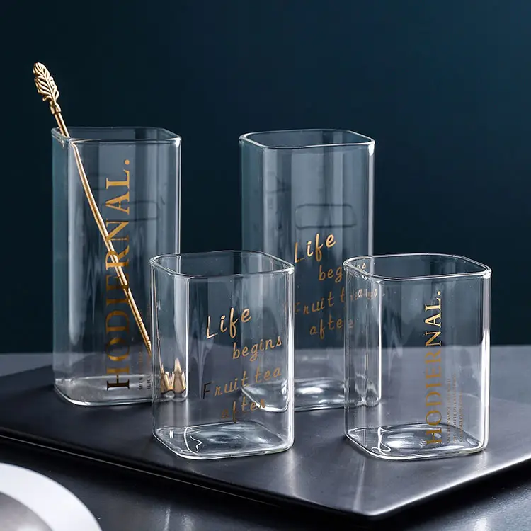 Custom Logo Lead Free Cocktail Juice Beverage Drinking Glasses 300ml 40ml Square Cylindrical Highball Glass Set Of 4