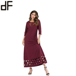 OEM abiti da donna Casual Maxi Dress da donna fantasia <span class=keywords><strong>bordeaux</strong></span> Burn Out 3/4 maniche lunghe abito <span class=keywords><strong>in</strong></span> Jersey lavorato a <span class=keywords><strong>maglia</strong></span> <span class=keywords><strong>bordeaux</strong></span> per le donne - Product Image 5