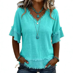 Nova Chegada Verão 2026: Blusa Sólida de Poliéster Lavável com Decote V Solto Estilo Europeu-Americano e Mangas Curtas com Franjas - Product Image 5