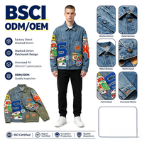 Veste Homme Hiver Oversize à Col Montant, Manches Longues, en Denim Ample, avec Patch Personnalisé, Motif Vintage Hip Hop et Col Mandarin Avant