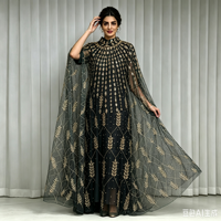 Robe de soirée pour femme, style robe de bal, avec col mandarin, strass, satin, modeste, musulmane