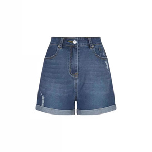 Shorts en jean déchiré bleu taille haute pour femme 2026, coupe droite extensible, amincissant, avec ourlet retroussé - Product Image 3