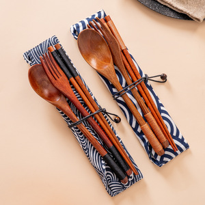 Ensemble <span class=keywords><strong>de</strong></span> couverts <span class=keywords><strong>de</strong></span> voyage en bambou <span class=keywords><strong>de</strong></span> haute qualité, style japonais, 2 pièces, réutilisables, portables, cuillère et baguettes, avec sac - Product Image 1