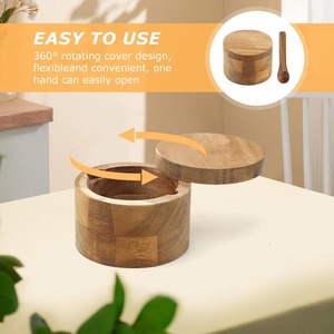 Portasale in Legno Massello con Coperchio Girevole, Ciotola Portasale in Legno di Acacia con Cucchiaio Integrato per Evitare <span class=keywords><strong>la</strong></span> Polvere - Product Image 4