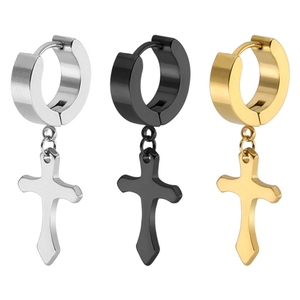 <span class=keywords><strong>Orecchini</strong></span> a Cerchio Punk di Alta Qualità 2025, Stile Coreano, in Acciaio Inossidabile Nero Argento, con Croce Pendente per <span class=keywords><strong>Uomo</strong></span> e Donna - Product Image 1