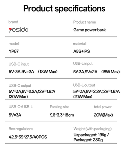 Yesido 10000mah pd20w טעינה מהירה מסך דיגיטלי בנק כוח תצוגה רטרו משחק קונסולת 2-in-1 כוח עם 807 משחק - Product Image 5