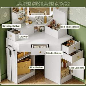 Tocador de esquina, tocador de maquillaje con estación de carga Luces Espejo y taburete de almacenamiento - Product Image 4