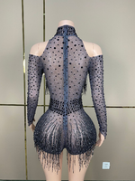 Justaucorps de scène sexy pour femme adulte, orné de strass et de franges, en spandex et polyester à manches longues