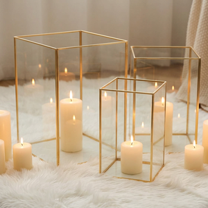 Home, Events, and Weddings Decorative Brass Framed Clear Glass Square <b>Hurricane</b> Candle Holders - Product Image 1