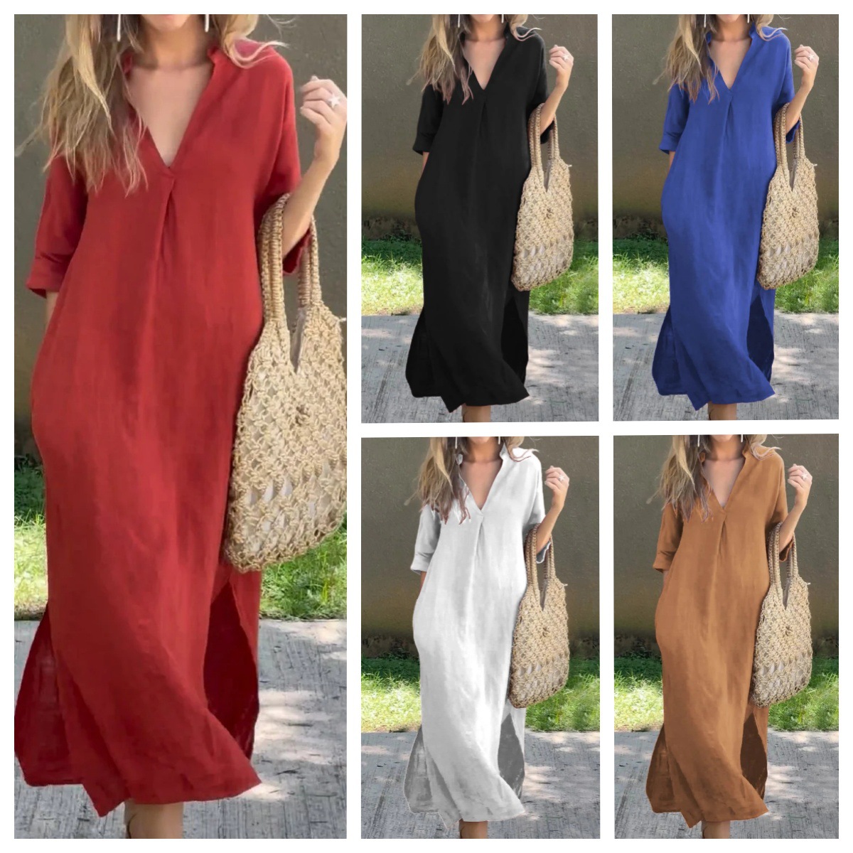 Womens Cotton Linen Maxi Dresses Casual Loose Fit V Neck 3/4 Sleeve Side Slit a Line Linen Long Dress| Alibaba.com Womens Cotton Linen Maxi Dresses Casual Loose Fit V Neck 3/4 Sleeve Side Slit a Line Linen Long Dress| Alibaba.com