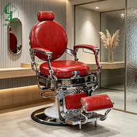 Fauteuil de barbier moderne JINCHENG rouge, structure en acier inoxydable, siège en cuir, base chromée, pliable, hauteur réglable, durable, usage commercial