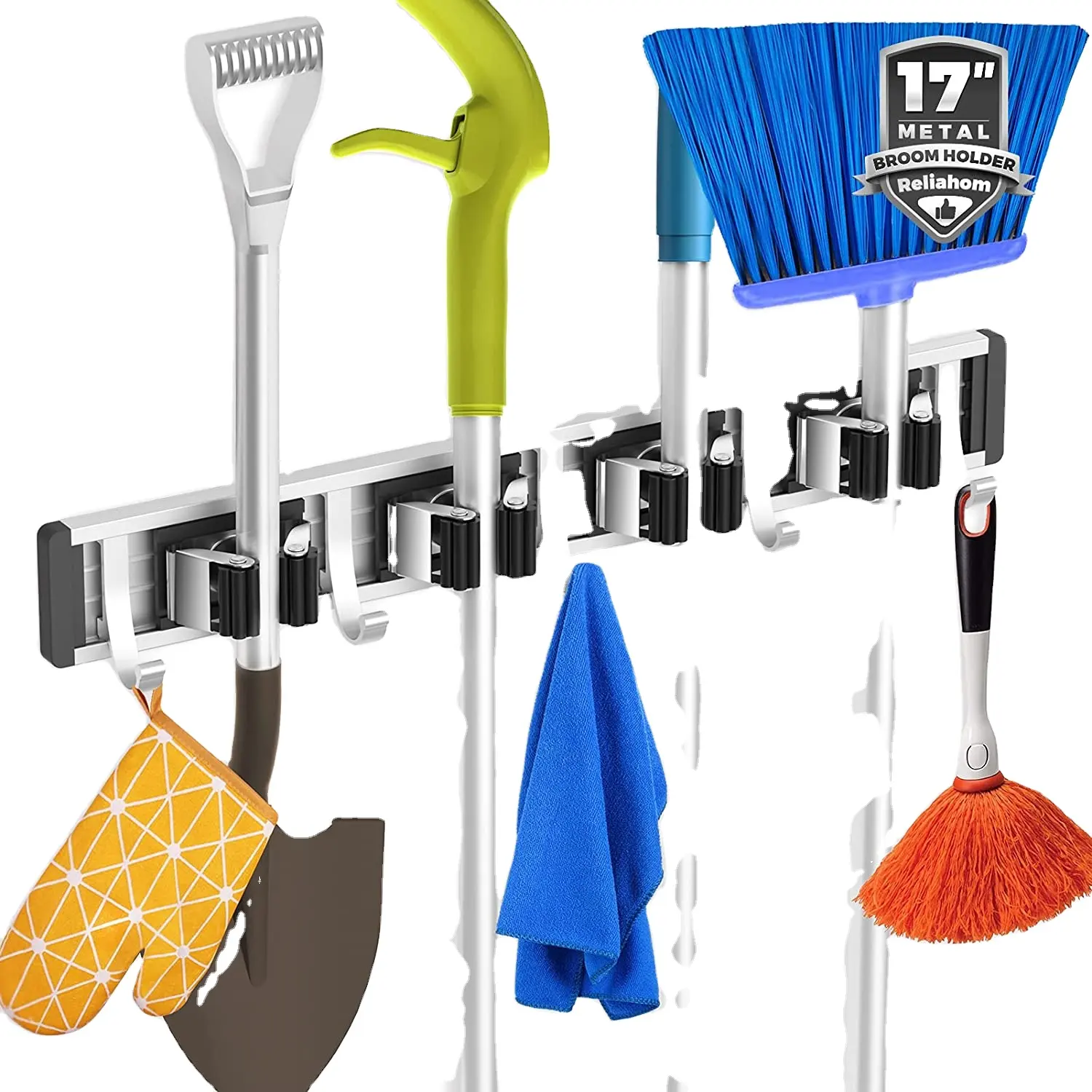 Metal Organization Garage Storage 4 Racks Black broom holder wall mount broom and mop holder