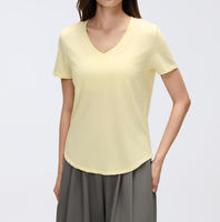 Kaos Yoga Wanita V-Neck Cepat Kering, Atasan Olahraga Lengan Pendek Slim Fit, Kaos Lari Musim Panas, Kaos Fitness Longgar, Atasan Atletik Tipis
