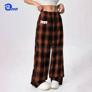 לוגו מותאם אישית בופלו גינגהם רך פלנל רחב מכנסיים ברגל בינוני מתאים רופפים נשים פיג 'מה נשים שינה ללבוש ללבוש dtf עיצוב מסך dtf - Product Image 2