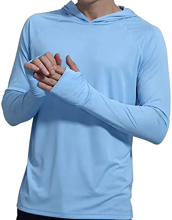 Custom Light weight Blue Men's UPF 50+ Sun Protection Hoodie Shirt Long Sleeve Fishing Outdoor Shirt