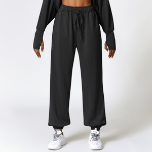 Pantalon de jogging pour femme, taille haute, sport, gym, fitness, coupe régulière, respirant, hiver, 100% coton, fermeture à cordon, devant plissé - Product Image 4