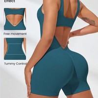 Body de sport une pièce sans couture, sexy, à dos nu, à fines bretelles, effet push-up, très élastique, moulant, longueur intégrale