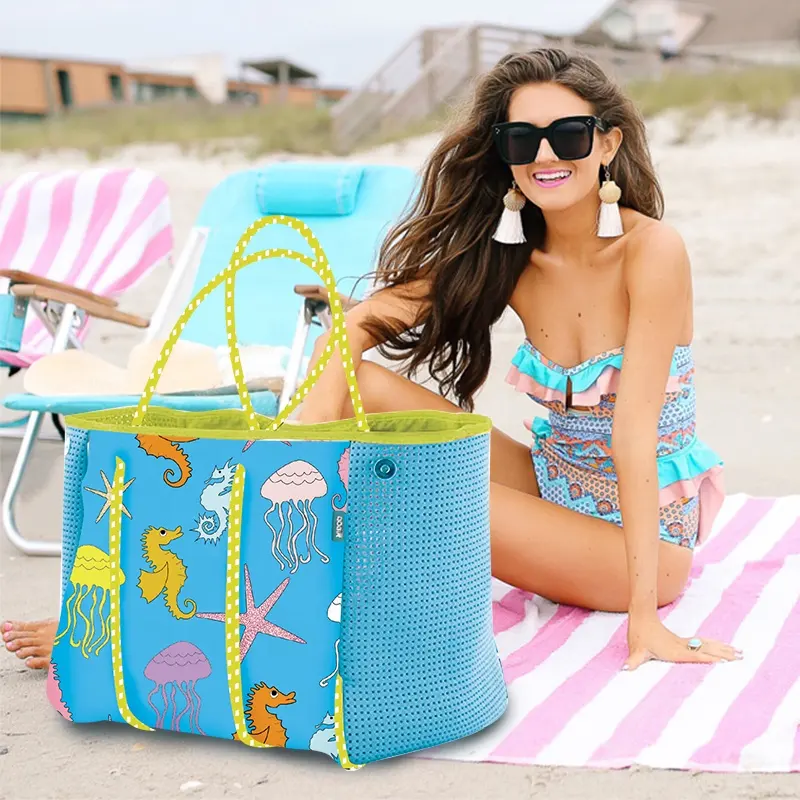 Bolso de playa de neopreno personalizado para mujer, bolsa de playa de paja con asa de cuerda