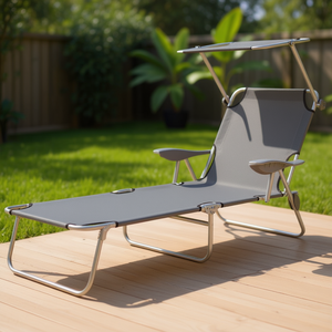 Chaise longue grise en acier avec auvent, chaise inclinable d'extérieur, mobilier de patio moderne - Product Image 2