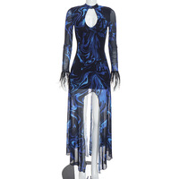 Robe élégante pour femme S2670 - Collection Automne 2026 - Tendance - Imprimée - Maille - Manches longues - Découpes - Effet duveteux