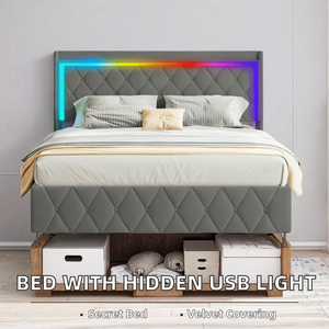 Cama Moderna Queen Size con Sistema de Elevación, Almacenamiento Secreto, Cargador USB y Luces RGB con Música en Color Beige Grisáceo - Product Image 2