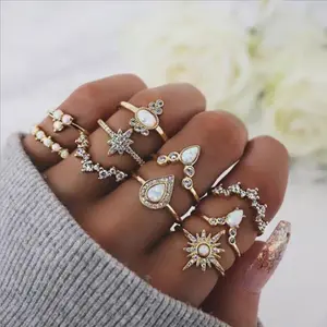 10 buah/Set cincin baja tahan karat Set kristal berlian mutiara cincin bintang mahkota bentuk campuran wanita trendi dekorasi jari