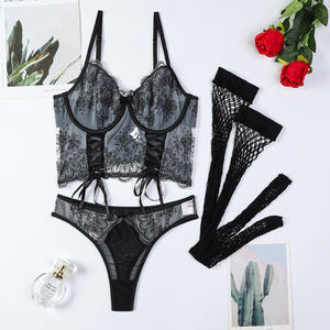 Sexy Embroidered Lace See-Through Mesh Women's Lingerie Set New Three Piece Bra Brief Set With <b>Stocking</b> - Product Image 6