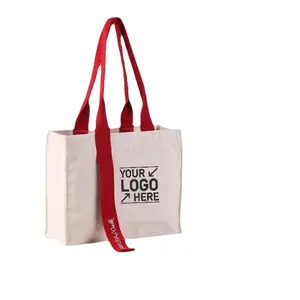 Customized Cotton Canvas Handbag with Webbing Handle Canvas Tote Bag with Ribbon Handle Customized Logo Canvas Gift Bag