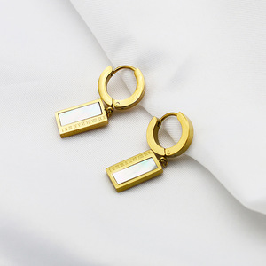 Pendant Earrings Zinc Alloy Mother Of Pearl Bezel Setting Geometric Lock Shape Gold Steel Color Fashion Dangle Earrings - Product Image 3