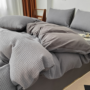 Simple Style 4PCS Bedding Set Solid Color Not Easy Fade Flat Sheet <strong>Waffle</strong> Pattern 100% Cotton <strong>Duvet</strong> <strong>Cover</strong> With Pillowcase - Product Image 5