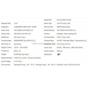 Nuevo panel LCD industrial FHD de 15,6 pulgadas, 1920 × 1080, Original, en stock, para control industrial, automoción y uso médico, NL192108AC18-02D - Product Image 4