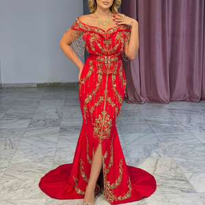 Robe de mariée rouge à épaules dénudées, brodée d'or, longue jusqu'au sol, pour femmes, extensible, coupe ajustée, toutes saisons - Product Image 1