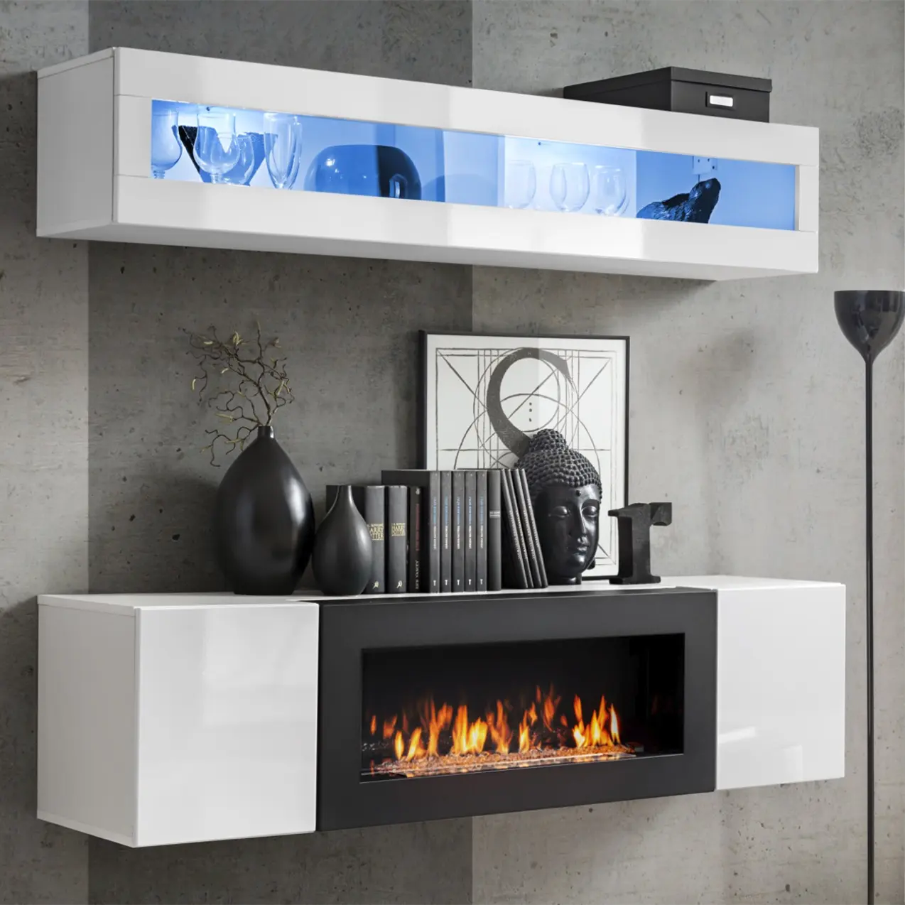 Modern decorative Wall Unit with Ethanol Fireplace High Gloss FLY Free P&P Led Lighting