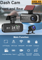 Caméra de tableau de bord mini DVR pour voiture avec WIFI, double objectif avant et arrière, enregistrement 4K+1K, écran pour enregistrements routiers, modèle Black Box