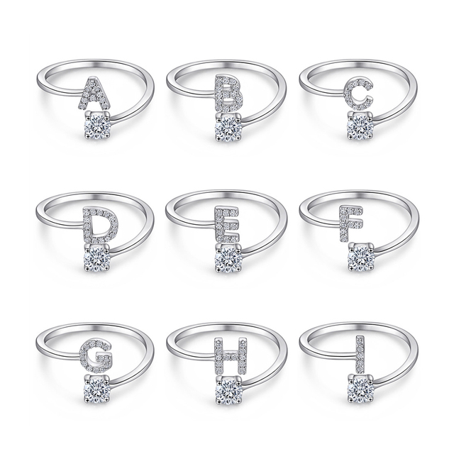 New Fashion Jewelry 925 Sterling Silver Rhodium Plated Open Adjustable Cz Cubic Zirconia Initial Letter Rings for Women