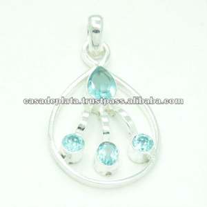 Colgante de múltiples formas de piedra, piedra preciosa de Topacio Azul, colgante de plata de ley 925, colgante de moda Chapado en plata para mujer - Product Image 2