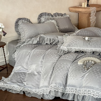 Nouvel ensemble de housse de couette en soie lavée Princesse Française 2026, 4 pièces, avec dentelle et volants, soyeux et rafraîchissant, matelassé, taille Queen