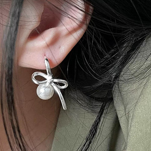 Ribbon Bow Pearl <b>Stud</b> Earrings S925 Sterling <b>Silver</b> Everyday Wear - Product Image 5