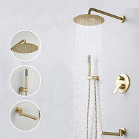 Ensemble de Robinet de Douche Encastré Mural 3 Fonctions et de Mitigeur Bain Douche Doré Européen en Laiton pour Eau Chaude et Froide avec Poignée