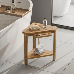 Lin Xiang - Tabouret de douche en bois avec étagère d'angle, organisateur de produits de toilette à double niveau en bois massif, étagère de salle de bain 45x35.5x55cm - Product Image 2