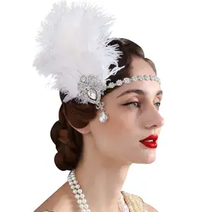 Diadema nupcial Vintage para mujer, accesorio para el pelo de hoja inspirada de gran Gatsby, medallón, perla, cristal, pluma, 1920
