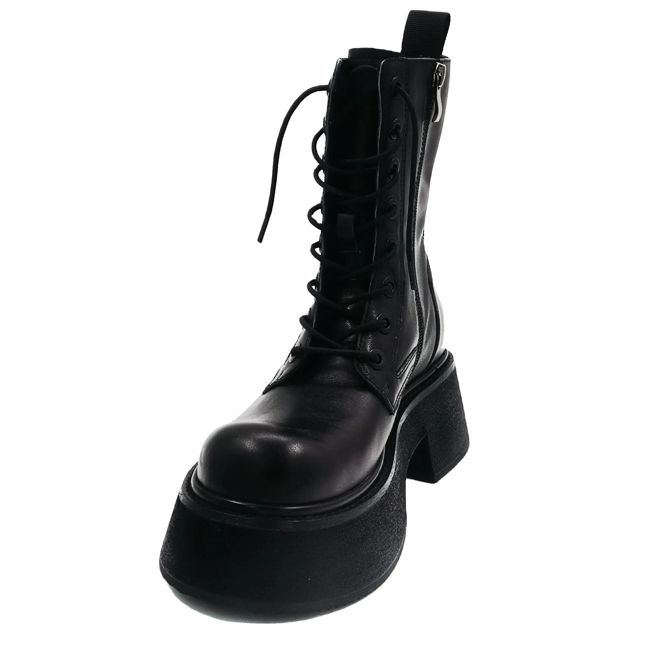 Bottines à talons à la mode pour dames en hiver vente en gros chaussure en cuir noir à lacets fermeture éclair bout rond bottes pour femmes bottes de créateur