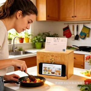 Caja de Almacenamiento de Tarjetas de Recetas de Madera con Soporte para Teléfono, Caja de Exhibición de Alimentos con Tapa Abatible y Cierre, Caja Rectangular de Madera Maciza Tipo Soporte - Product Image 2