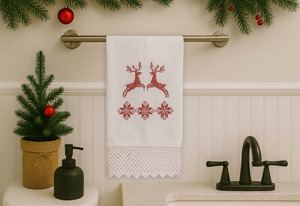 Christmas Reindeer Linen Guest <b>Towel</b>, Festive Holiday <b>Hand</b> <b>Towel</b>, Absorbent Linen Cotton <b>Kitchen</b> Bathroom Decor - Product Image 3