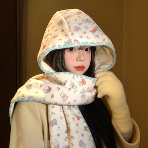 Cute Bunny Double Sided Hat And Scarf Women Autumn Winter Hooded Neck Warmer Keep Warm Balaclava Hat - Product Image 2